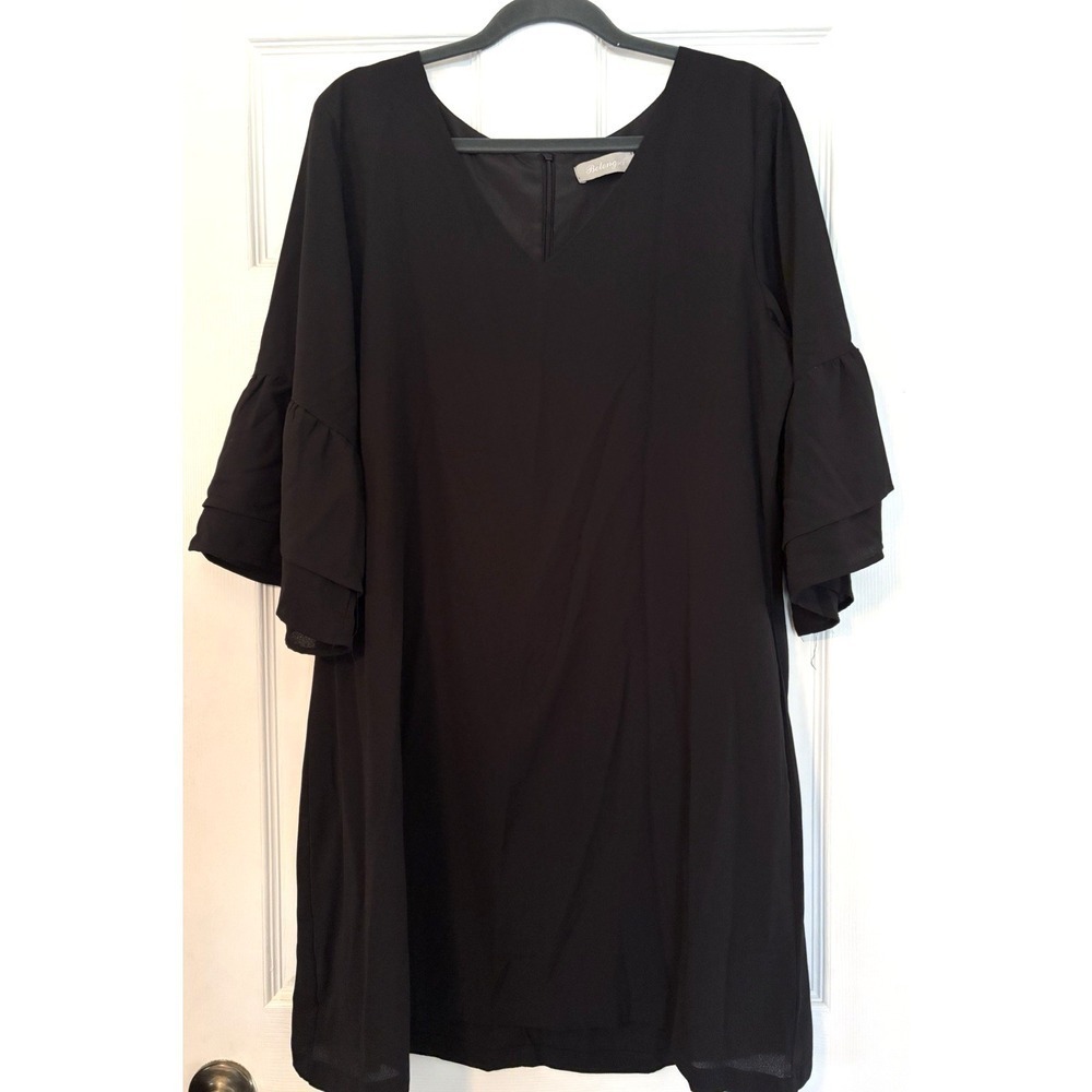 Belongsci Women's Shift Dress Ruffle Flare Sleeve Sheer V-Neck Black Size XL‎